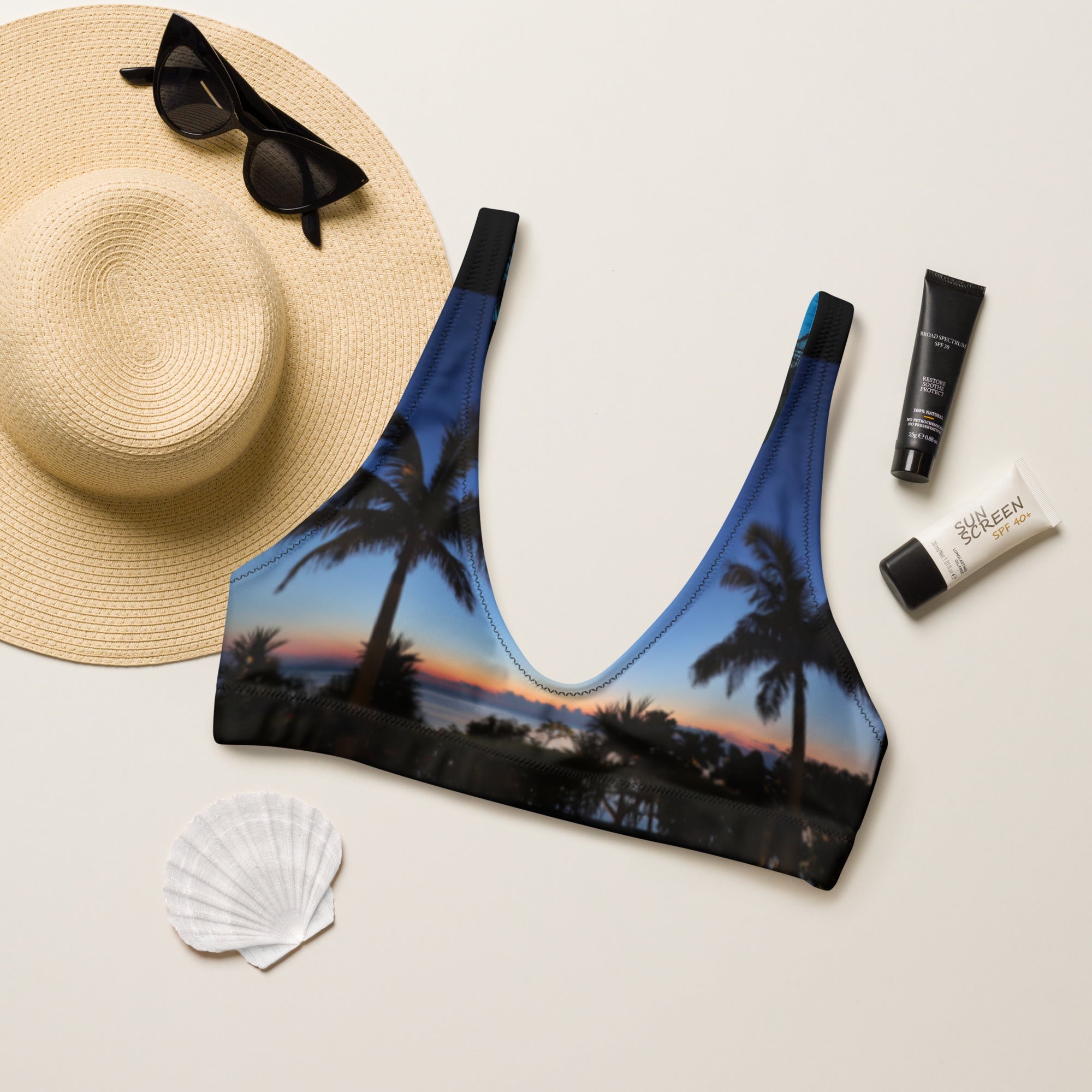 Rich Vibes South Beach Palm Tree Sunset Black - Recycled padded bikini top